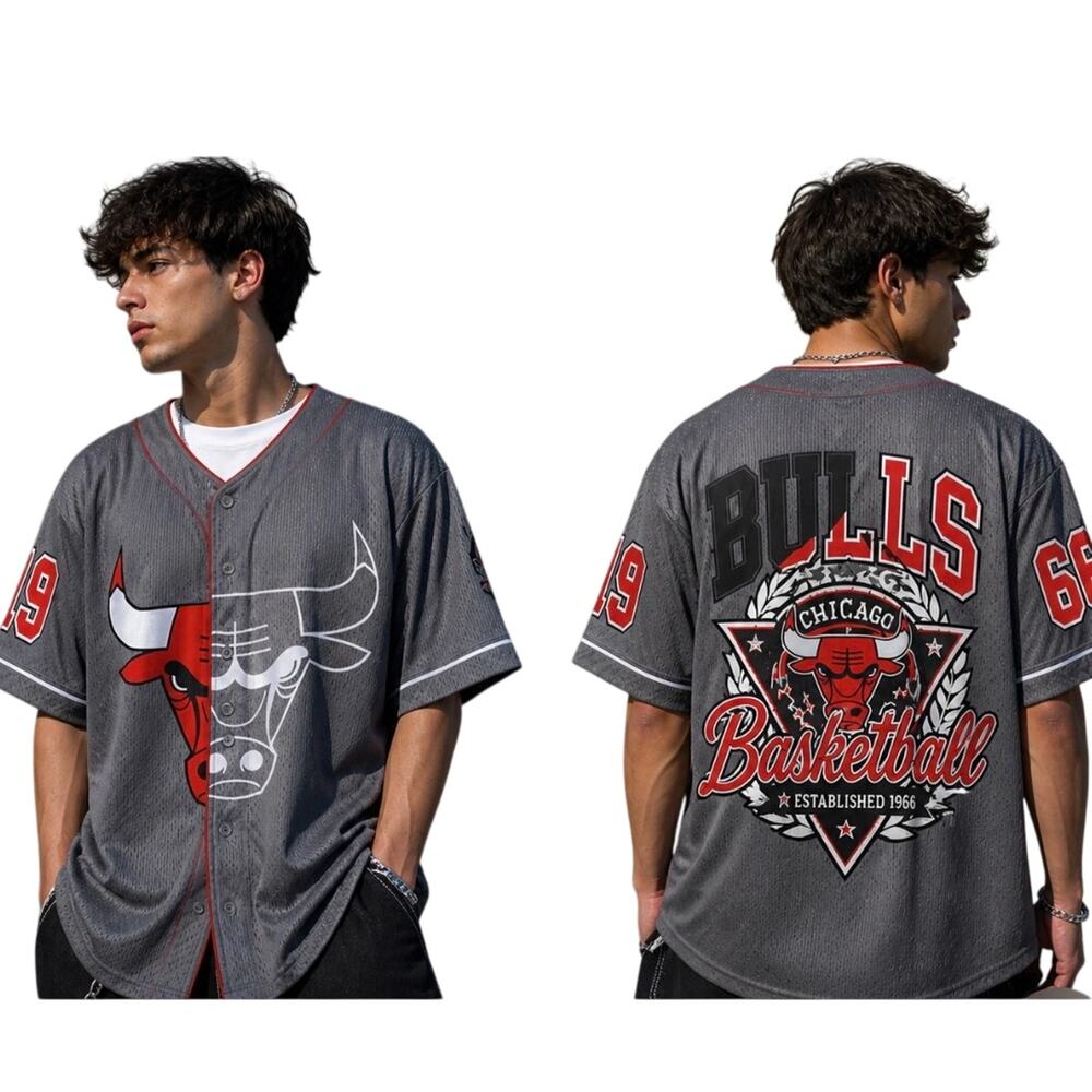 Chicago Bulls Split Logo Button-Up Jersey Gray Red NBA Streetwear Shirt sport XL